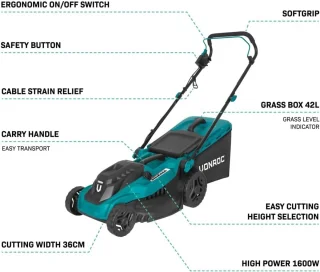Grasmaaier 1600W - 38 cm maaibreedte - Vijf instelbare maaihoogtes: 25/40/50/60/70 mm