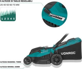 Grasmaaier 1600W - 38 cm maaibreedte - Vijf instelbare maaihoogtes: 25/40/50/60/70 mm