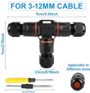 3-polige kabelconnector, waterdicht IP68, T-vormige kabelconnector, waterdicht, 3-polige aardkabel, aansluitmof voor kabeldiameter 3-12 mm, 2-voudige waterdichte aansluitdoos voor tuin en