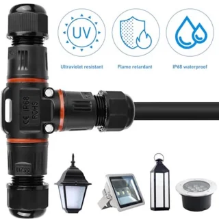3-polige kabelconnector, waterdicht IP68, T-vormige kabelconnector, waterdicht, 3-polige aardkabel, aansluitmof voor kabeldiameter 3-12 mm, 2-voudige waterdichte aansluitdoos voor tuin en