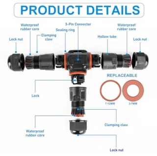 3-polige kabelconnector, waterdicht IP68, T-vormige kabelconnector, waterdicht, 3-polige aardkabel, aansluitmof voor kabeldiameter 3-12 mm, 2-voudige waterdichte aansluitdoos voor tuin en