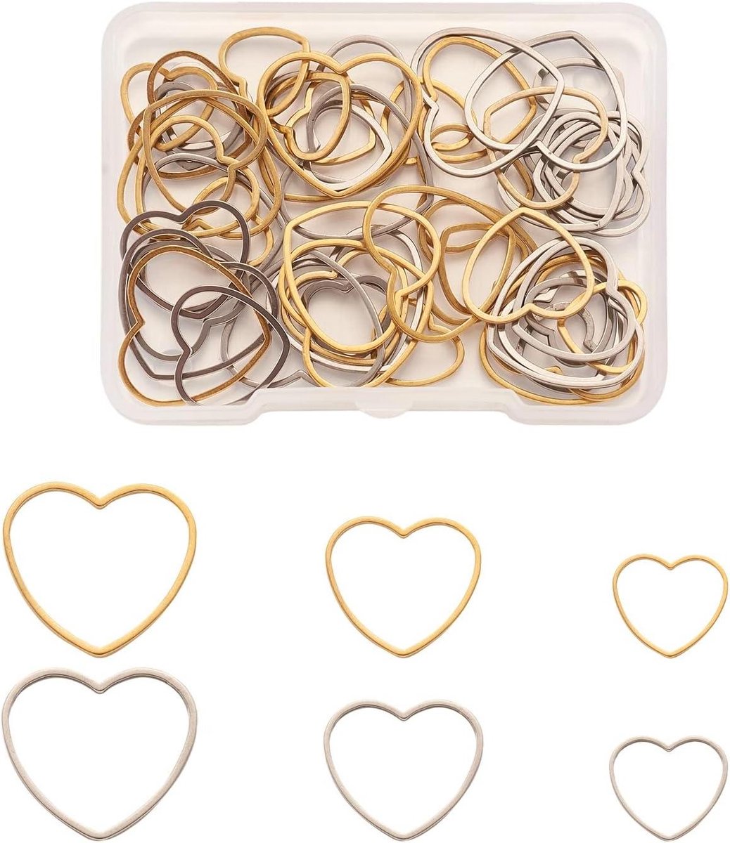 De 60 stuks roestvrijstalen hartvormige bedelhangers set - goud & zilver - 3 maten in één oogopslag
