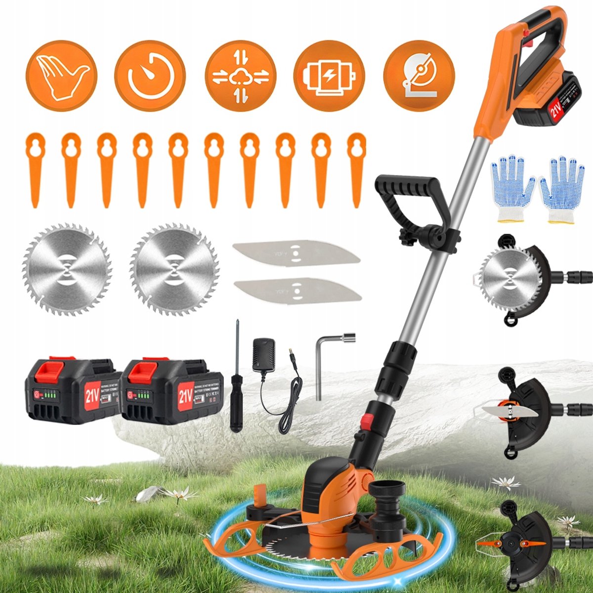 De Bedee 21V elektrische grasmaaier inclusief accessoires in één oogopslag