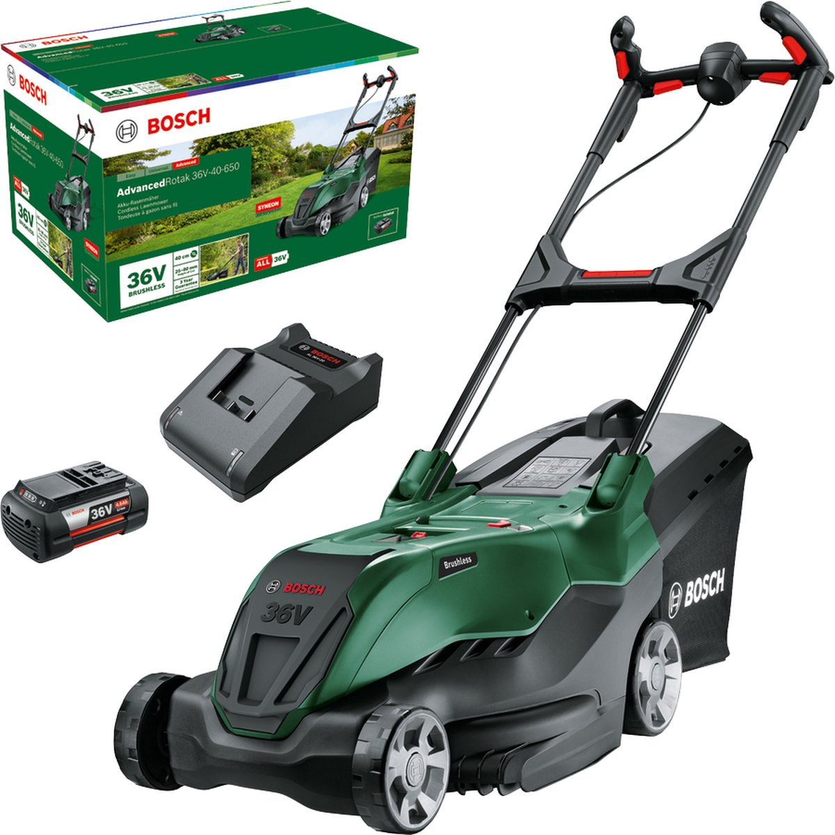 De Bosch AdvancedRotak 36V-40-650 Accu Grasmaaier inclusief accu en lader in één oogopslag