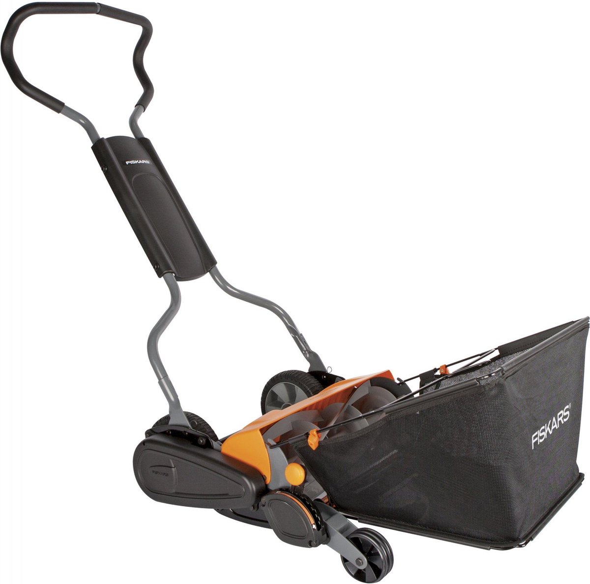 De Fiskars StaySharp Max Grasmaaier 46cm inclusief grasopvangbak in één oogopslag