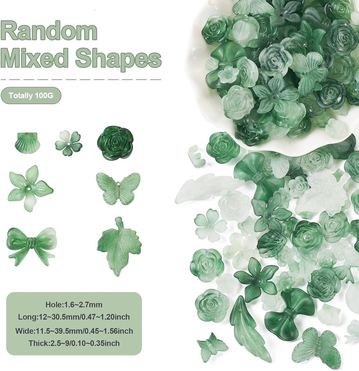 Groene matte acryl kralen mix 100g - bloemen en vormen
