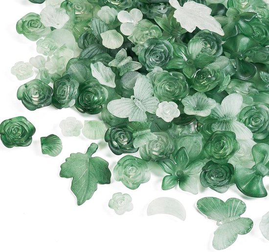 Groene matte acryl kralen mix 100g - bloemen en vormen