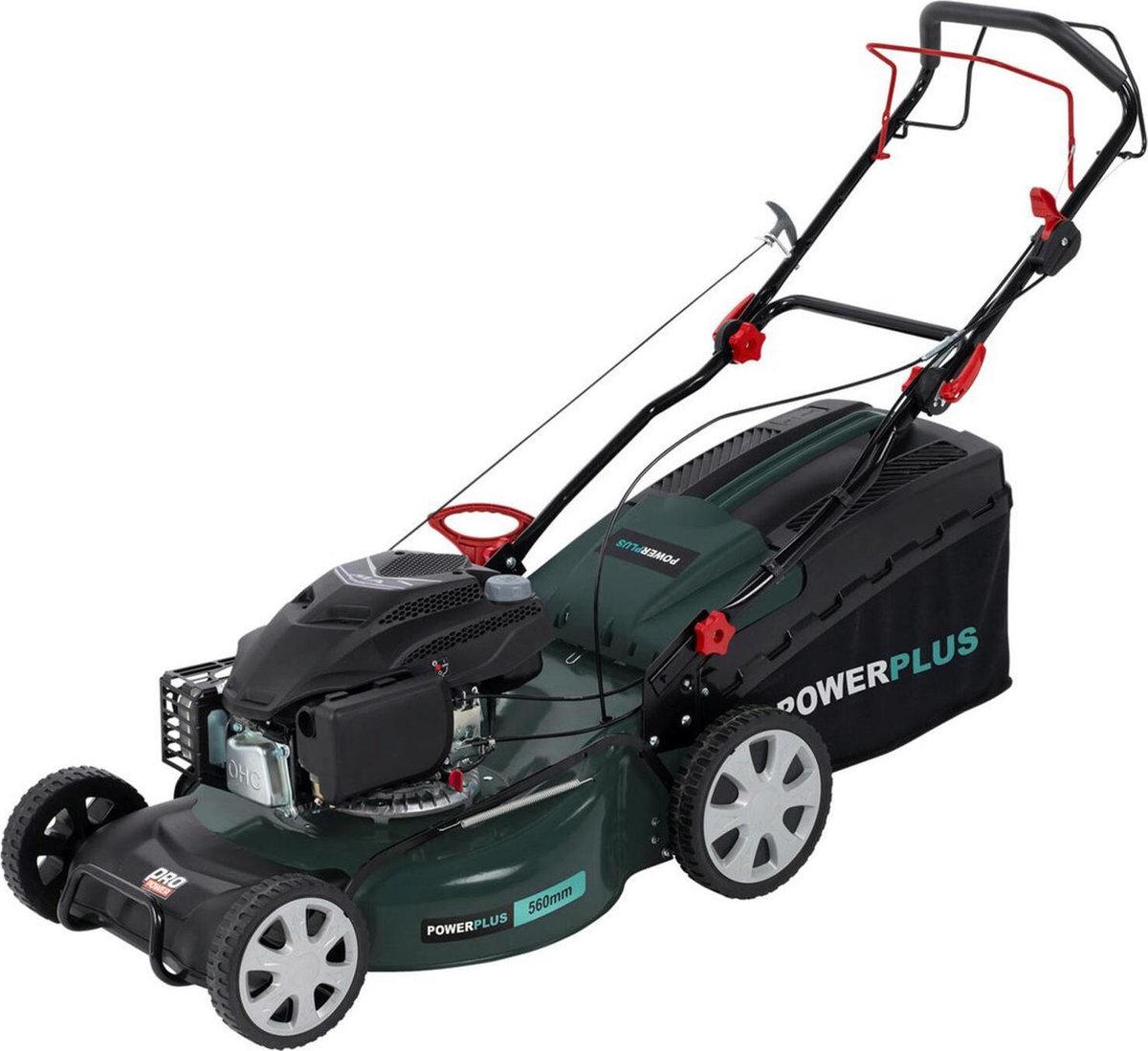 De Powerplus POWPG10120 benzine grasmaaier zelftrekker in één oogopslag