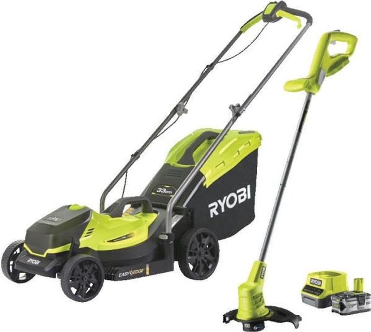 De RYOBI ONE+ RLM18X33B40 Grasmaaier + OLT1825M Trimmer Pack 18V in één oogopslag