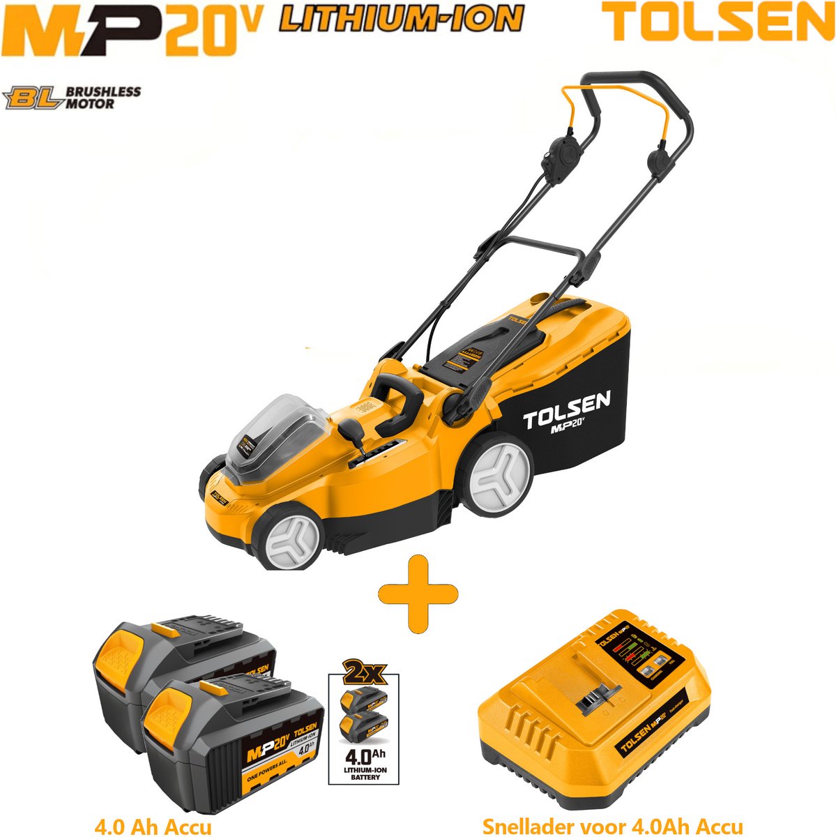De Tolsen Brushless Grasmaaier 20V Li-ion 370mm 40L in één oogopslag