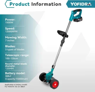 Yofidra Elektrische Grasmaaier Draadloos 2x Makita 18V Lichtblauw
