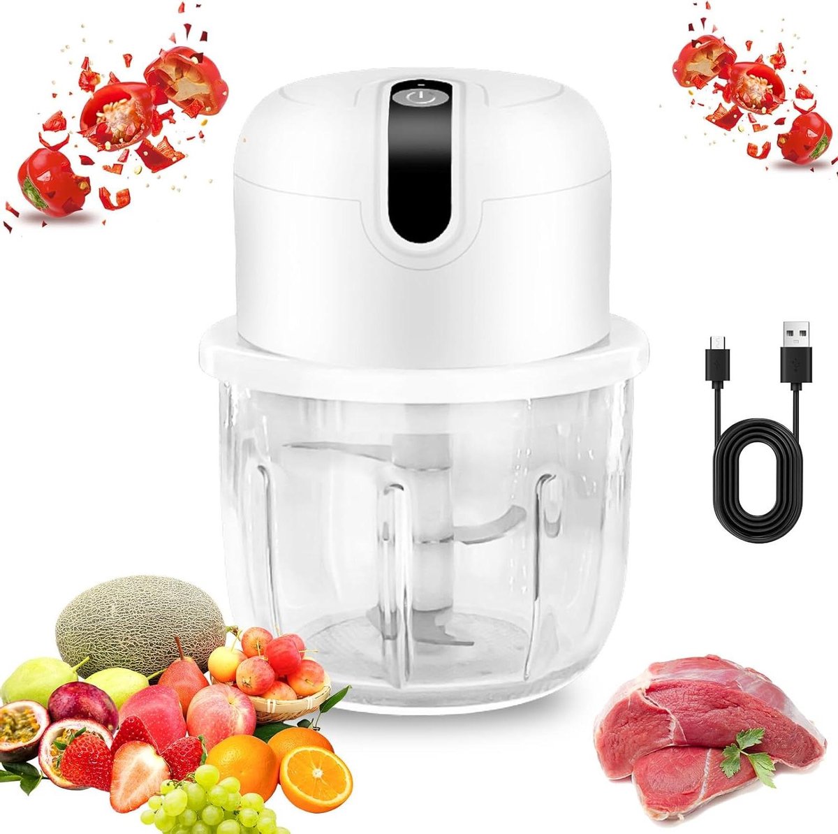 De Elektrische hakmolen 250 ml mini-uiensnijder wit USB oplaadbaar in één oogopslag