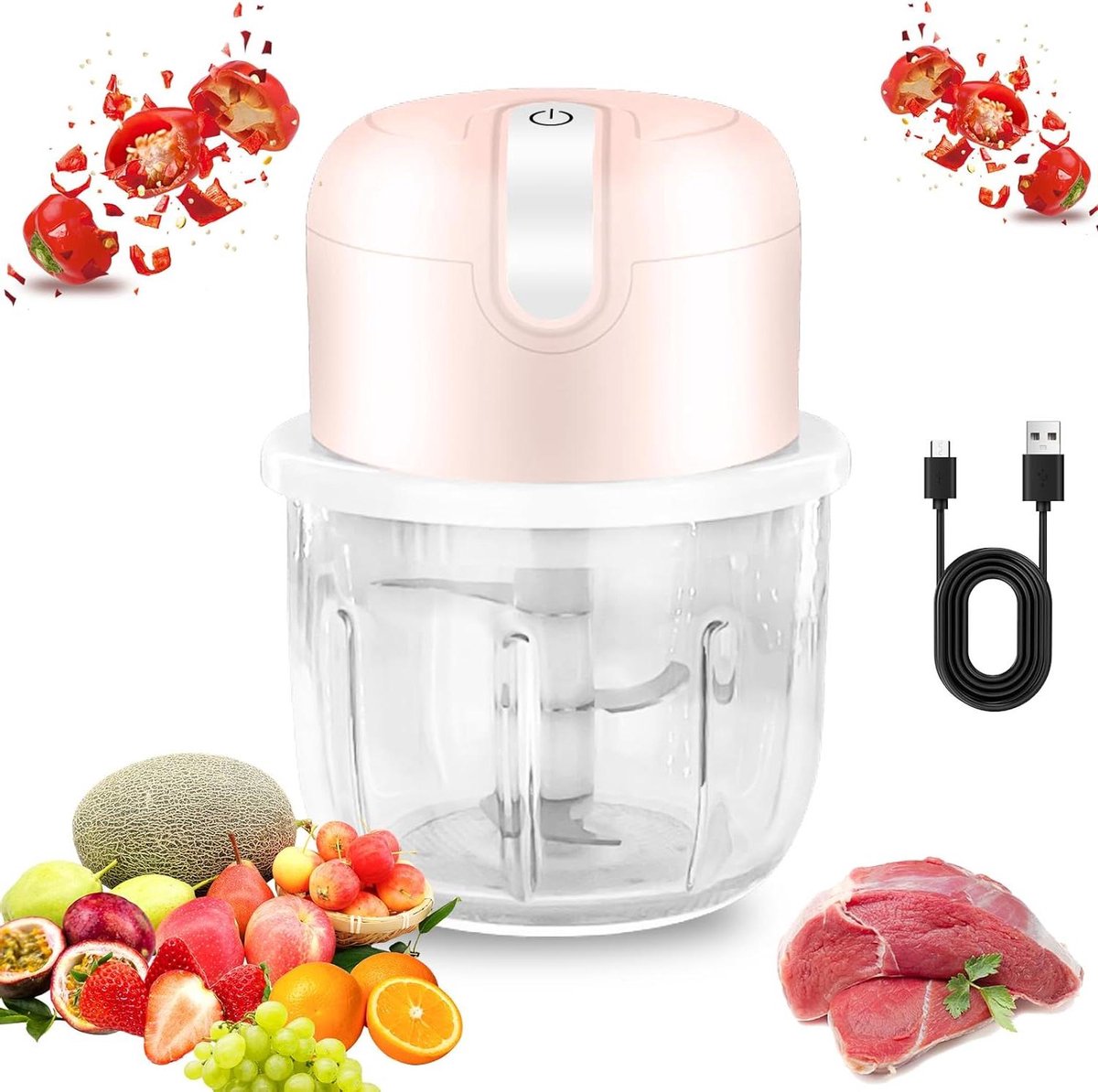 De Elektrische mini-uiensnijder USB 250ml roze in één oogopslag