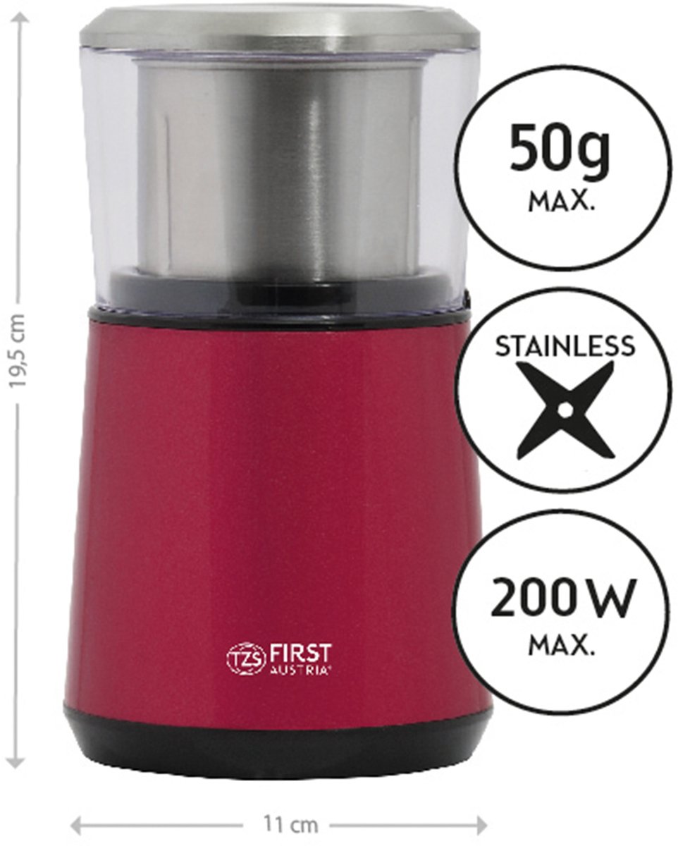 Wat vinden we goed aan de First Austria 2in1 Elektrische Kaffiemolen 65 ml Rood