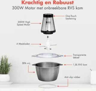 KitchenBrothers Hakmolen Elektrisch 300W 1,8L RVS Kom