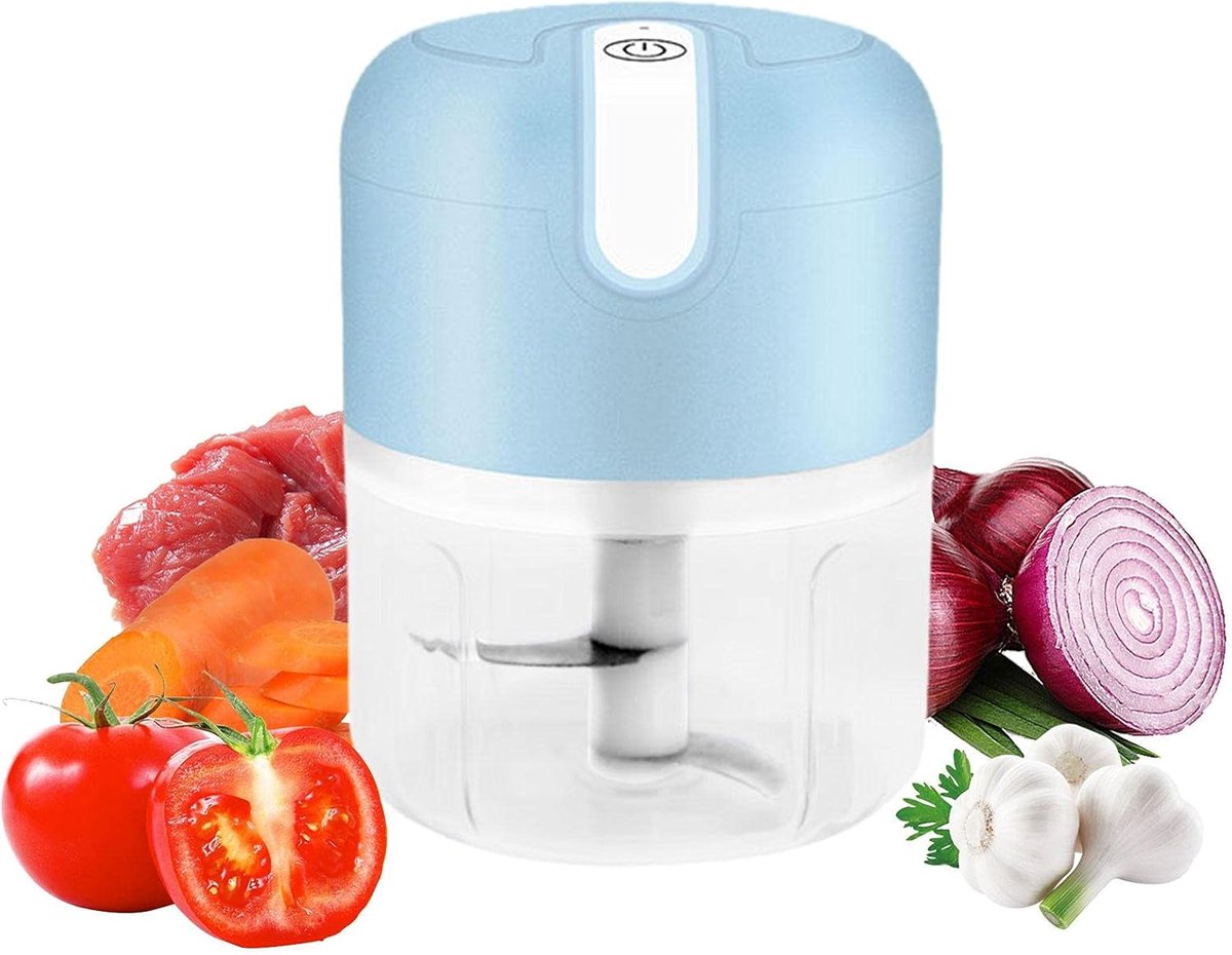 De Mini USB Hakmolen Foodprocessor Chopper RVS Messen 250 ml Lichtblauw in één oogopslag