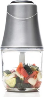 QUOVO Hakmolen elektrisch 600 ml glazen kom met 3 titanium messen, zilver