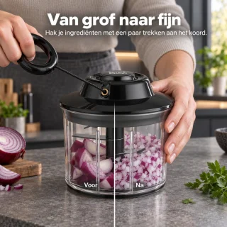 Wat vinden we goed aan de Savoré Kitchen handmatige hakmolen - uiensnijder met trekkoord - 800 ml