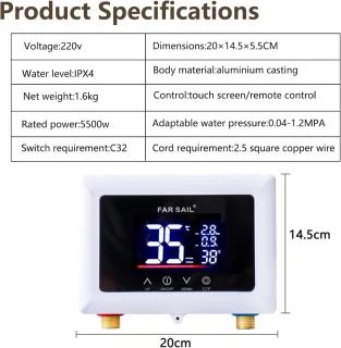 Elektronische mini boiler 5500 W met touchscreen en LED-display voor direct heet water