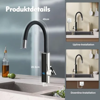 Elektrische kraan met doorstroomboiler - 3000 W, 230 V, onmiddelijke warmwaterlevering met LED-display, flexibele uitloop en 360 graden rotatie