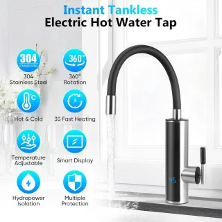 Elektrische kraan met doorstroomboiler - 3000 W, 230 V, onmiddelijke warmwaterlevering met LED-display, flexibele uitloop en 360 graden rotatie