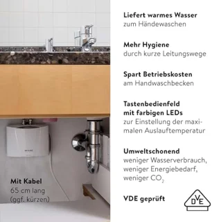 Elektronische doorstroomboiler voor handwasbak - 3,5 kW, energiebesparend, stekkerklaar, drukvast/drukloos