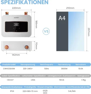 Mini-doorstroomboiler 3,6 kW - Ruimtebesparend, Elektronisch Geregeld, Onmiddellijk Warm Water voor Wastafel
