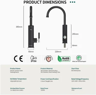 Briwellna Electric Kitchen Hot Water Tap (Black)