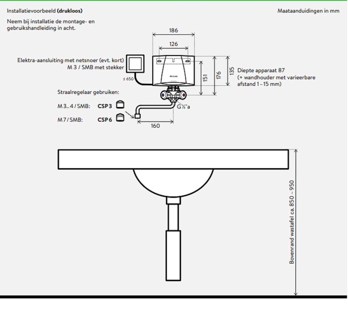 Clage M7 SMB elektrische doorstroomverwarmer 6500W bovenbouw met kraan
