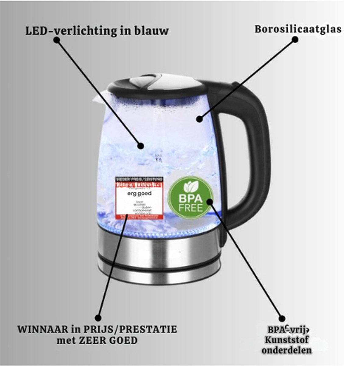 Glazen Waterkoker 1.7L 2200W Zwart Zilver
