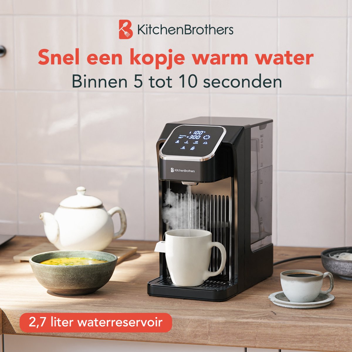 Wat vinden we goed aan de KitchenBrothers Heetwaterdispenser 2.7L Zwart