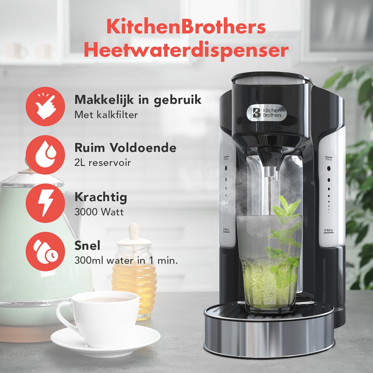 KitchenBrothers Heetwaterdispenser 2L RVS/Zwart