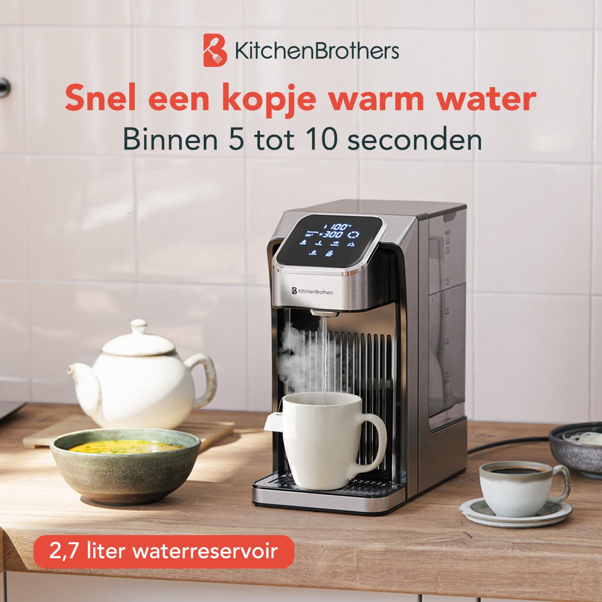 Wat vinden we goed aan de KitchenBrothers Heetwaterdispenser RVS 2.7L
