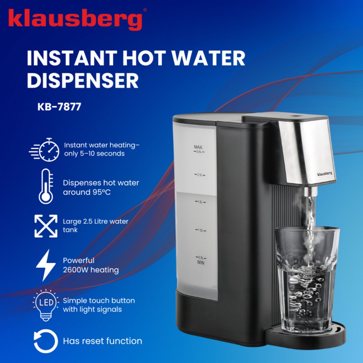 Klausberg KB7877 Hot Water Dispenser 2,5L Zwart/RVS