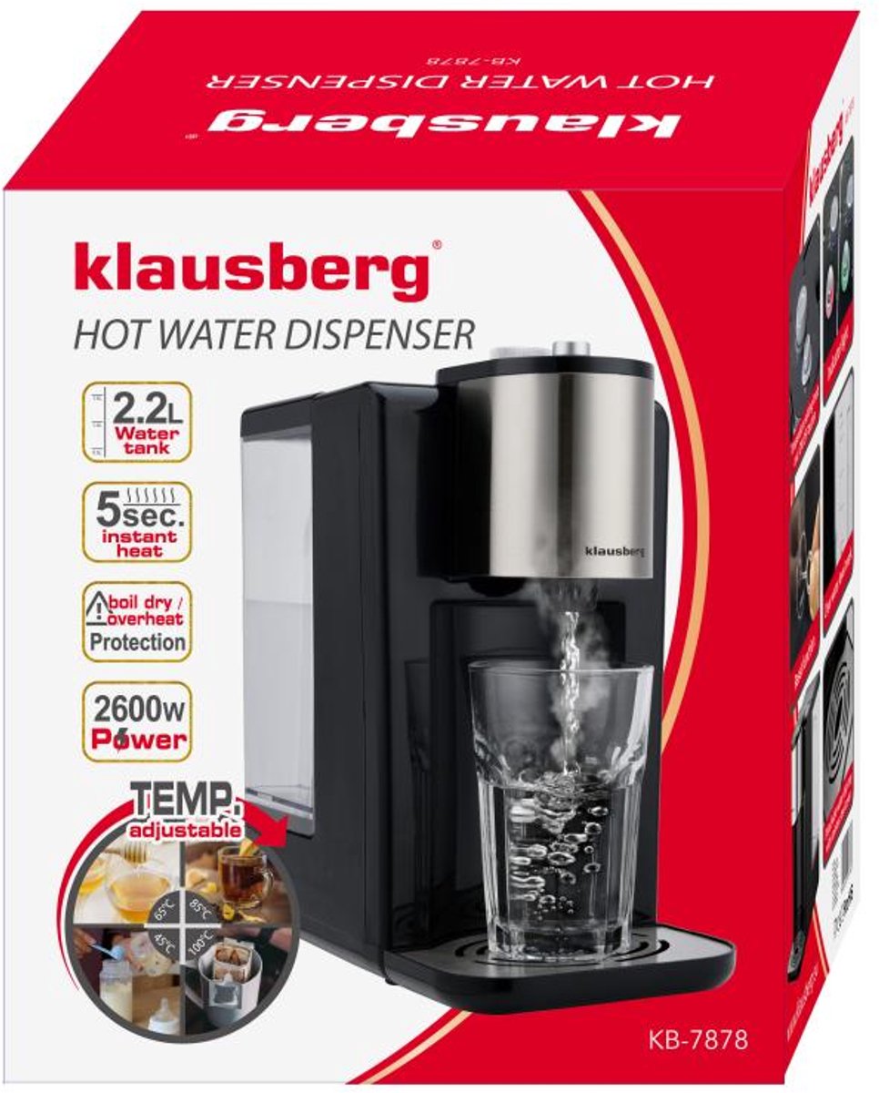 Klausberg KB7878 Hot Water Dispenser 2,2L Zwart/RVS