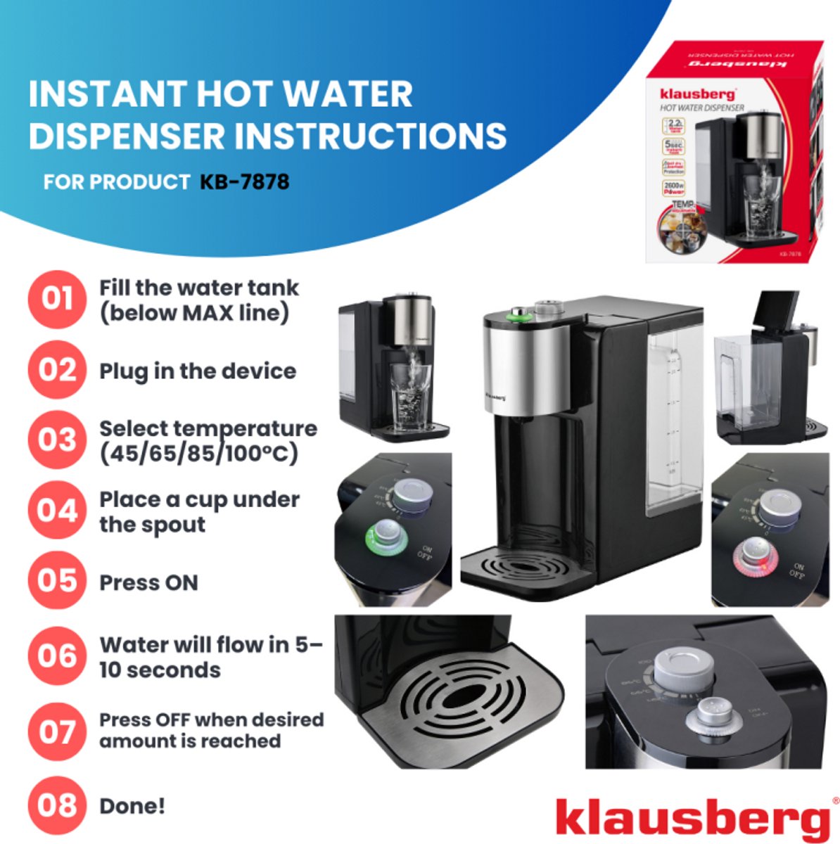 Klausberg KB7878 Hot Water Dispenser 2,2L Zwart/RVS
