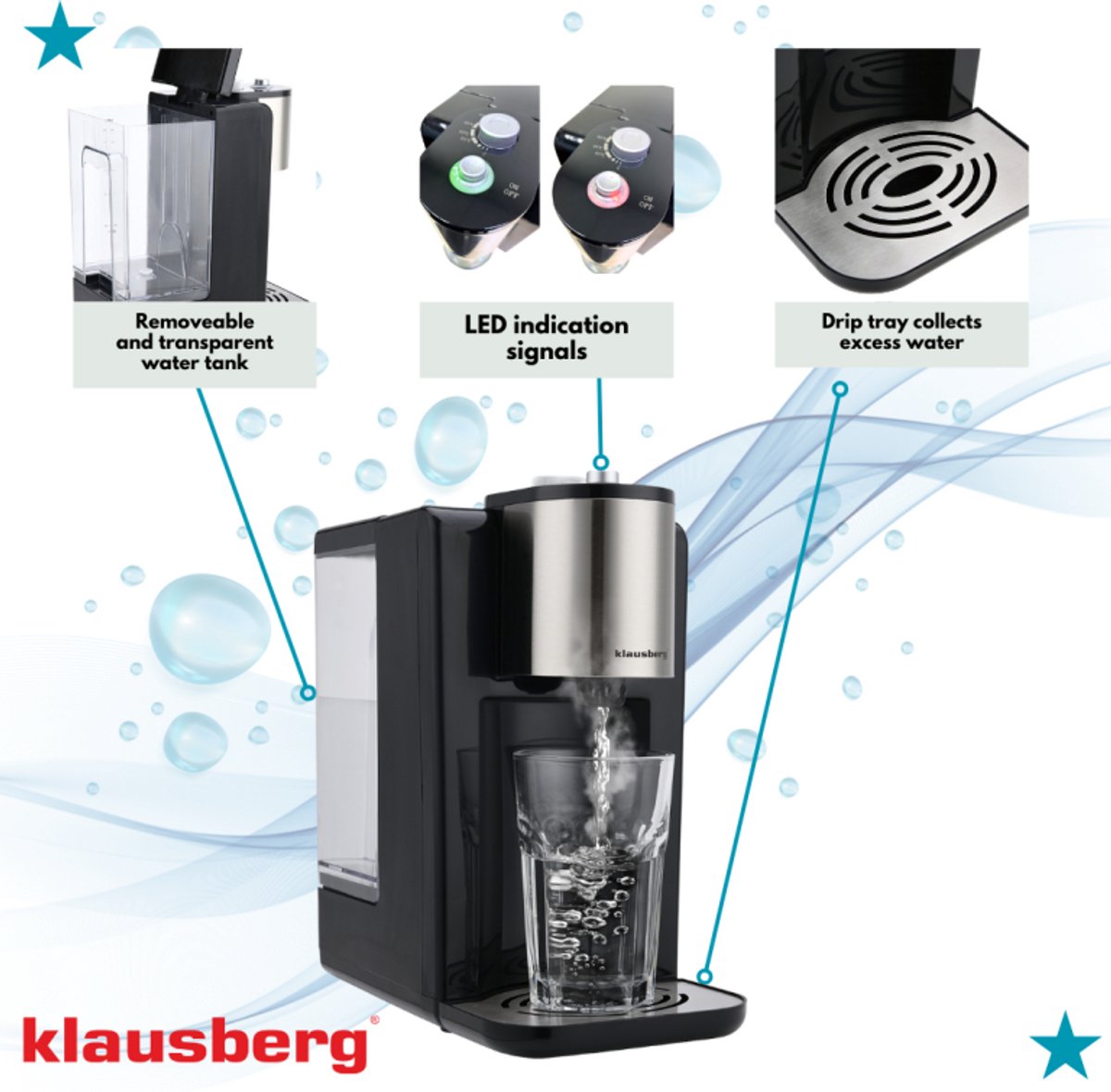 Klausberg KB7878 Hot Water Dispenser 2,2L Zwart/RVS