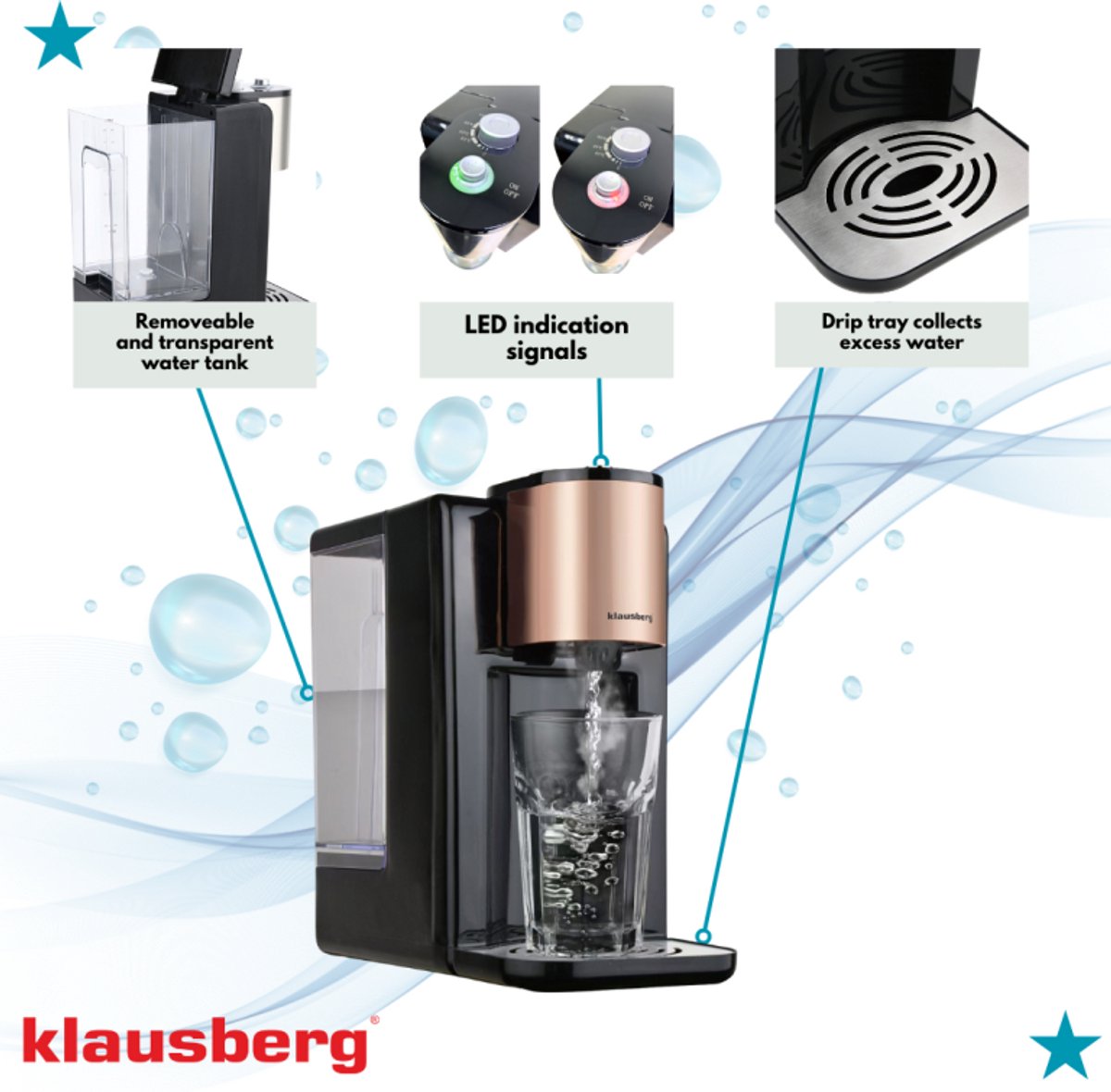 Klausberg KB7879 Heetwaterdispenser 2,2L Zwart Rose Gold