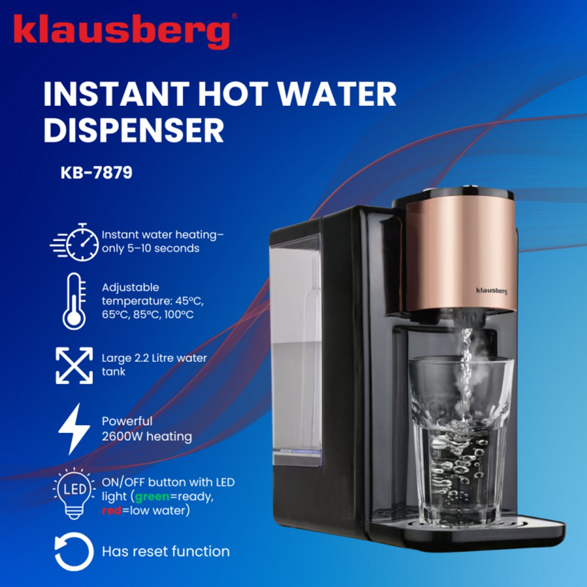Klausberg KB7879 Heetwaterdispenser 2,2L Zwart Rose Gold