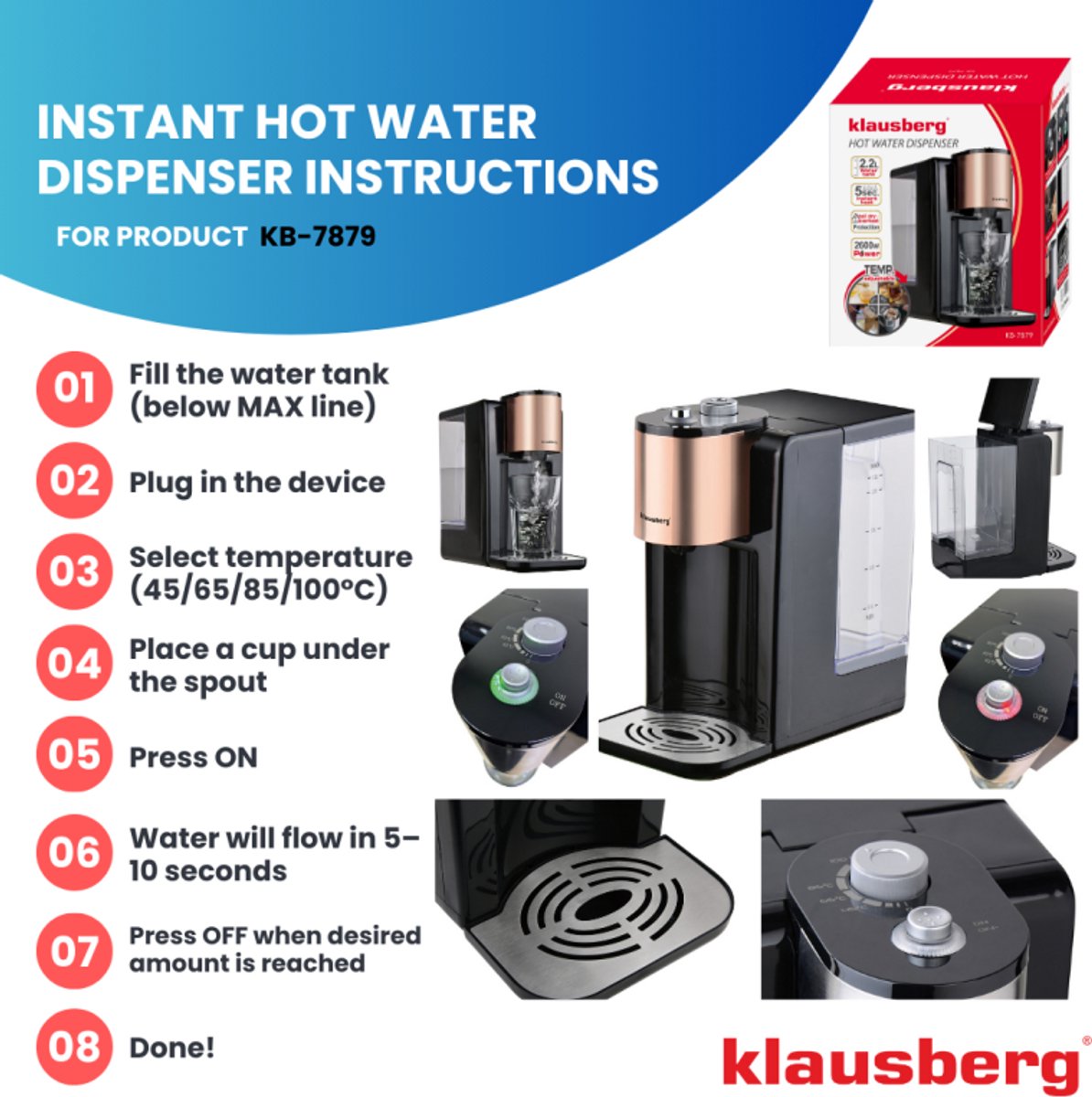 Klausberg KB7879 Heetwaterdispenser 2,2L Zwart Rose Gold