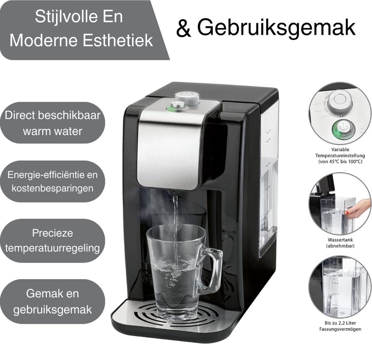 LifeStages PC-HWS 1168 Warmwaterdispenser Roestvrijstaal Zwart