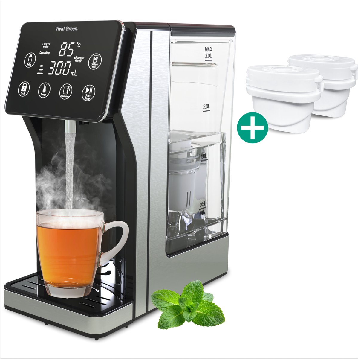 De Vivid Green Heetwaterdispenser 3L RVS in één oogopslag