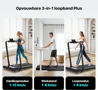Opvouwbare 3-in-1 Loopband onder Bureau met Helling, 12 km/u en Draagbare Ontwerp voor Thuisgebruik