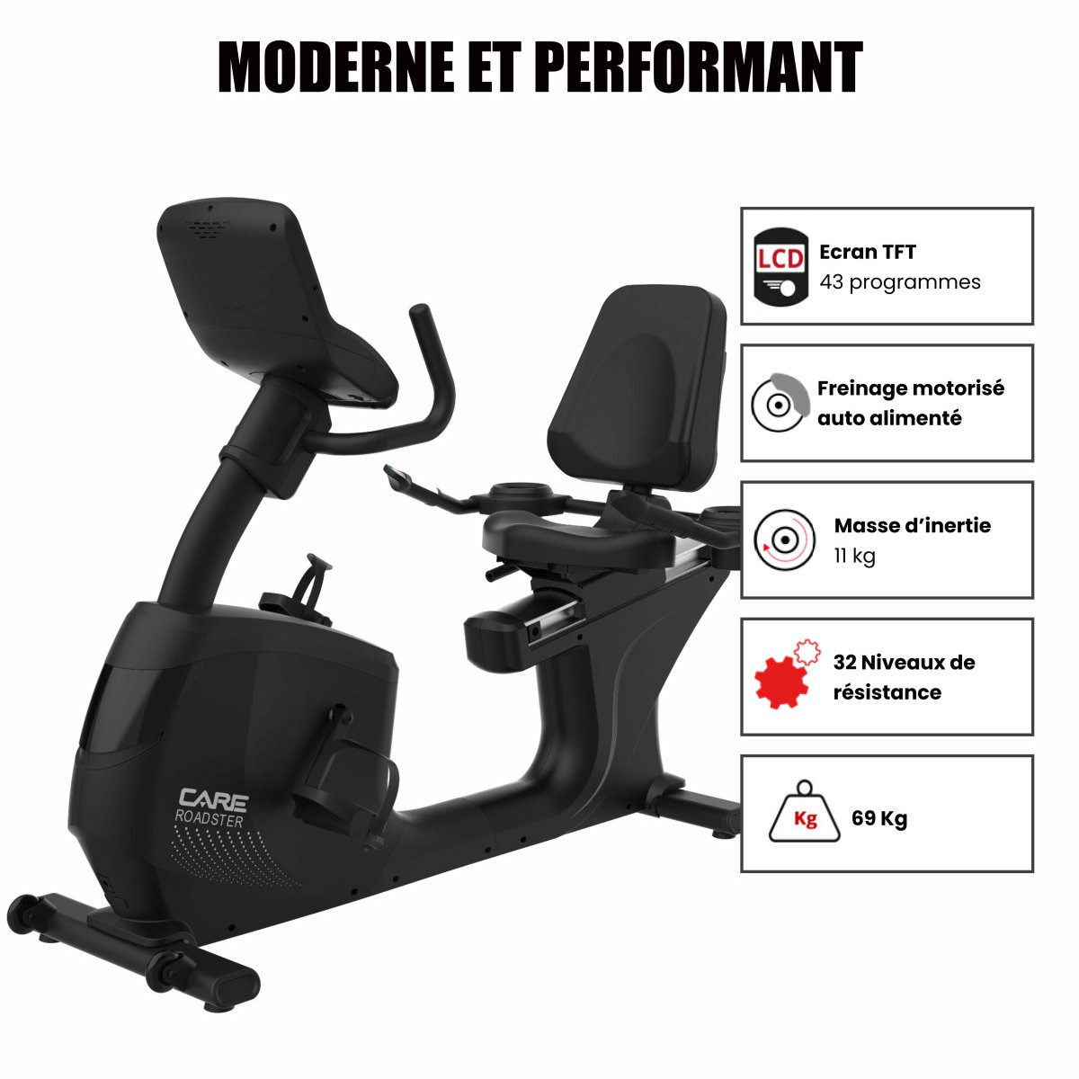 De Roadster TFT halfliggende hometrainer zelf aangedreven in één oogopslag