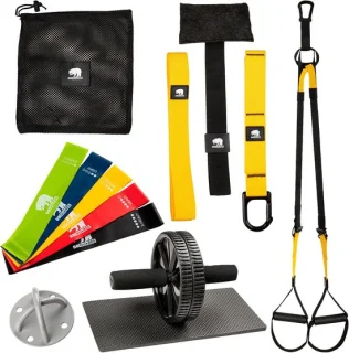 Thuistrainingsset: suspension trainer, buikspierwiel en weerstandsbanden