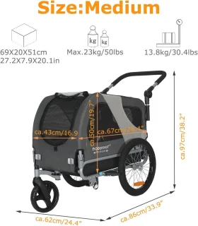 Premium hondenfietskar en jogger 2-in-1 voor kleine en middelgrote honden - grijs