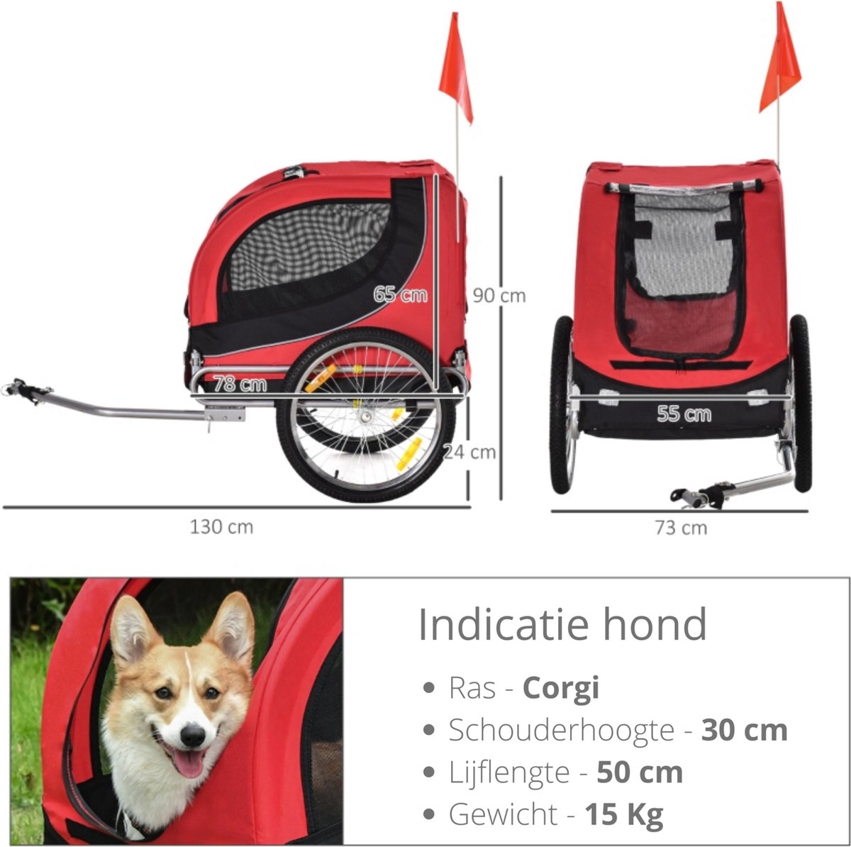Fietskar Hondenfietskar Rood/Zwart 130x90x110 cm