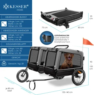 KESSER Hondenfietskar 3in1 40 kg Grijs