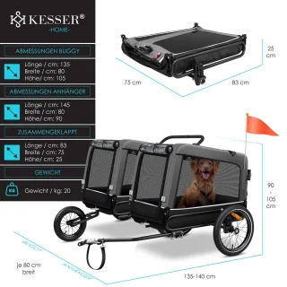 KESSER Hondenfietskar 3in1 40 kg Grijs