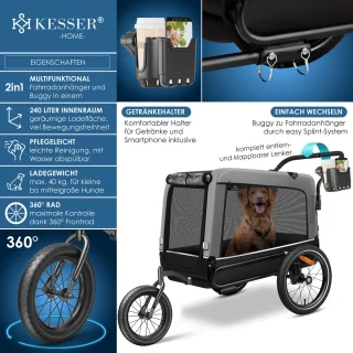 KESSER Hondenfietskar 3in1 40 kg Grijs